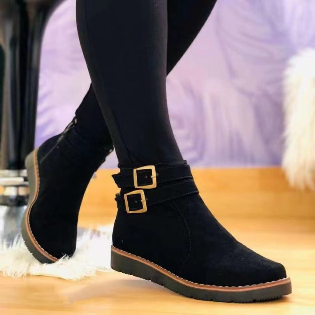 Double Buckle Suede Leather Women Snow Boots