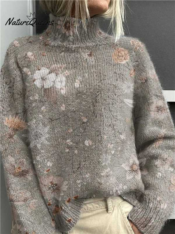 Women’s Christmas Turtleneck Sweater – Festive Printed Loose Pullover Holiday Knit