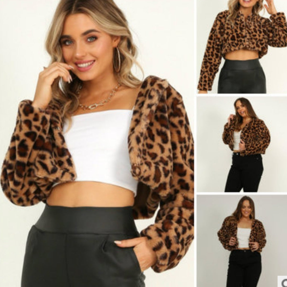 Women’s Leopard Print Cardigan Jacket – Short Hidden Hook Faux Fur Long Sleeve Coat