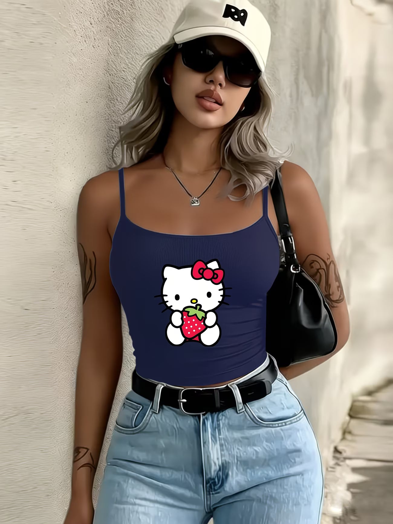 Y2K Aesthetic: Cute Hello Kitty Graphic Black Cropped Tank Top