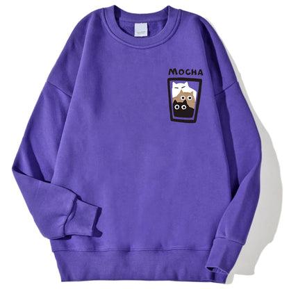 MOCHA Cat Cup Printed Crew Neck Sweatshirts