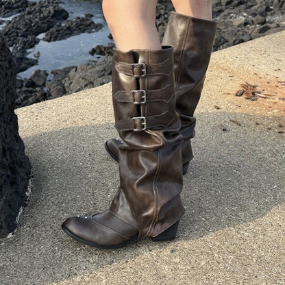 Womens Vintage Brown Western Cowboy Boots Tassel PU Leather Ankle Booties Pleated High Heeled Mid Calf Boots For Autumn Winter