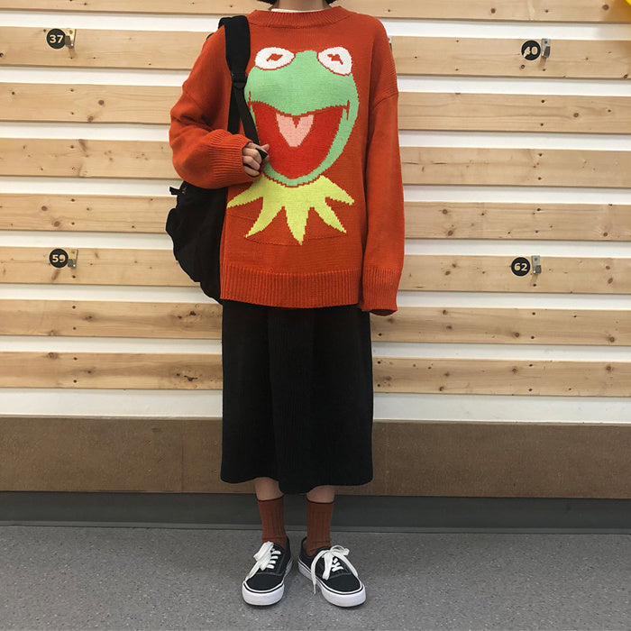 Oversized Frog Knit Crew Neck Sweater for Women – Cute Anime Pullover Aesthetic