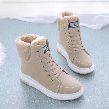 Warm Plush Inside Lace Up Flat Women Ankle Boots