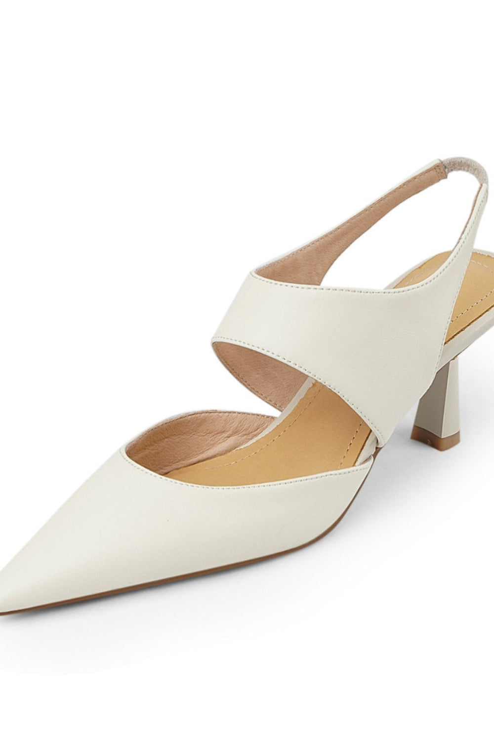 White pointed-toe slingback shoe on a white background