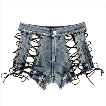 Women Cross Lace Up Hollow Out Denim Shorts