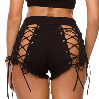 Women Cross Lace Up Hollow Out Denim Shorts