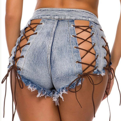 Women Cross Lace Up Hollow Out Denim Shorts