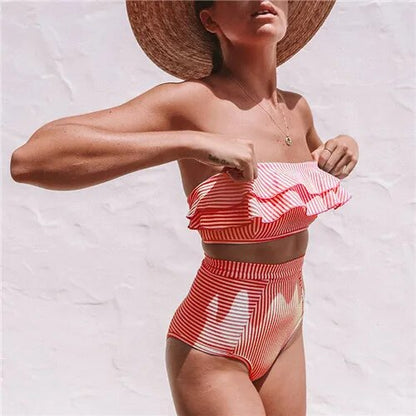 2025 Striped Ruffle Bikini Set | High Waist Two-Piece Swimwear for Women, Bandeau Bathing Suit