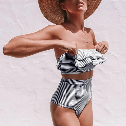 Ruffle Top High Waist Sexy Striped Strapless Bikini