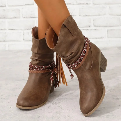 Women’s Vintage Brown Western Cowboy Boots – Tassel PU Leather Ankle Booties, Pleated High-Heeled Mid-Calf Boots for Autumn & Winter