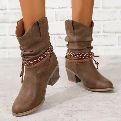 Women’s Vintage Brown Western Cowboy Boots – Tassel PU Leather Ankle Booties, Pleated High-Heeled Mid-Calf Boots for Autumn & Winter