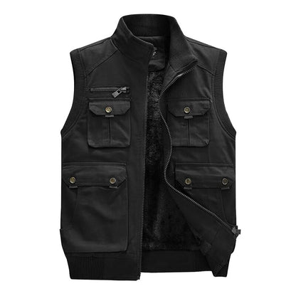 Men's Military Fleece Vest: Multi-Pocket Sleeveless Jacket for Winter Warmth in Black