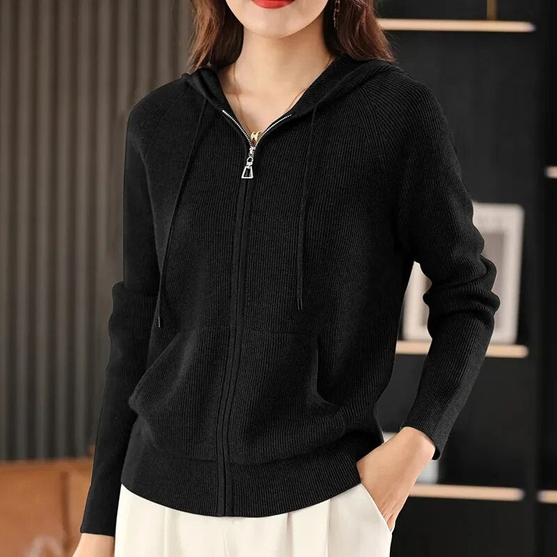 Korean Style Zipper High Quality Hooded Sweatshirts For Women