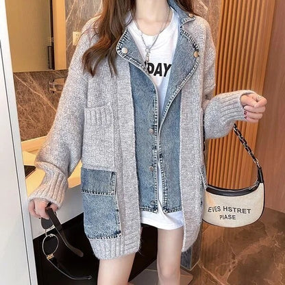 2025 New Autumn Winter Women Splicing Denim Jacket, Long Sleeve Jean Jackets, Female Loose Sweater Cardigan Jacket