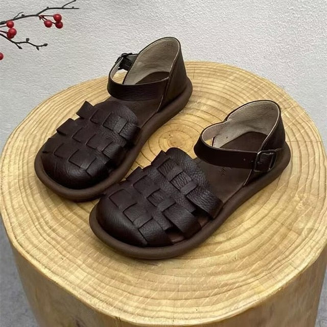 Gladiator Style Square Design Leather Women Flat Sandals