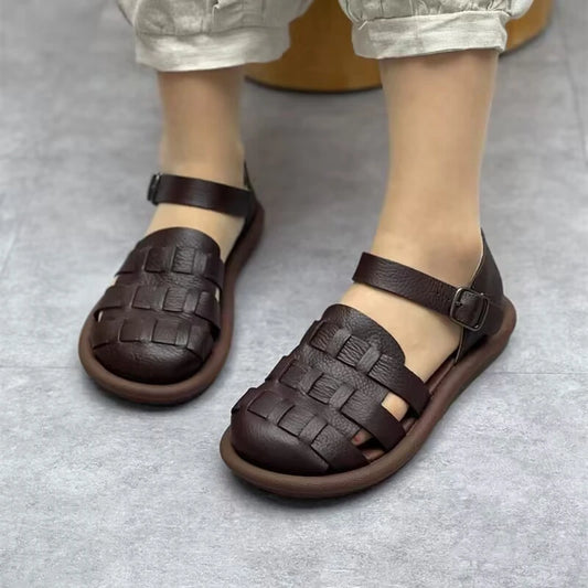 Gladiator Style Square Design Leather Women Flat Sandals