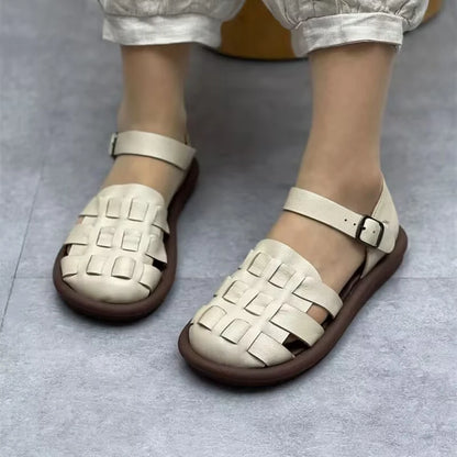 Gladiator Style Square Design Leather Women Flat Sandals