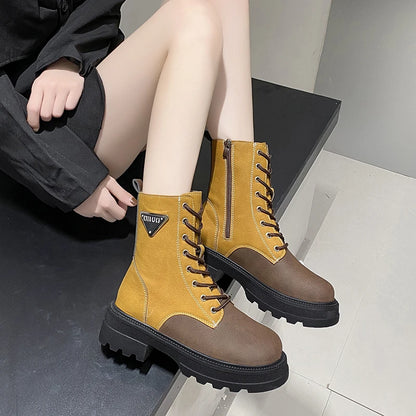 Women's Mid-Calf Winter Boots – New Leather, Comfortable Mid-Heel Motorcycle Boots, Non-Slip Fashion Boots