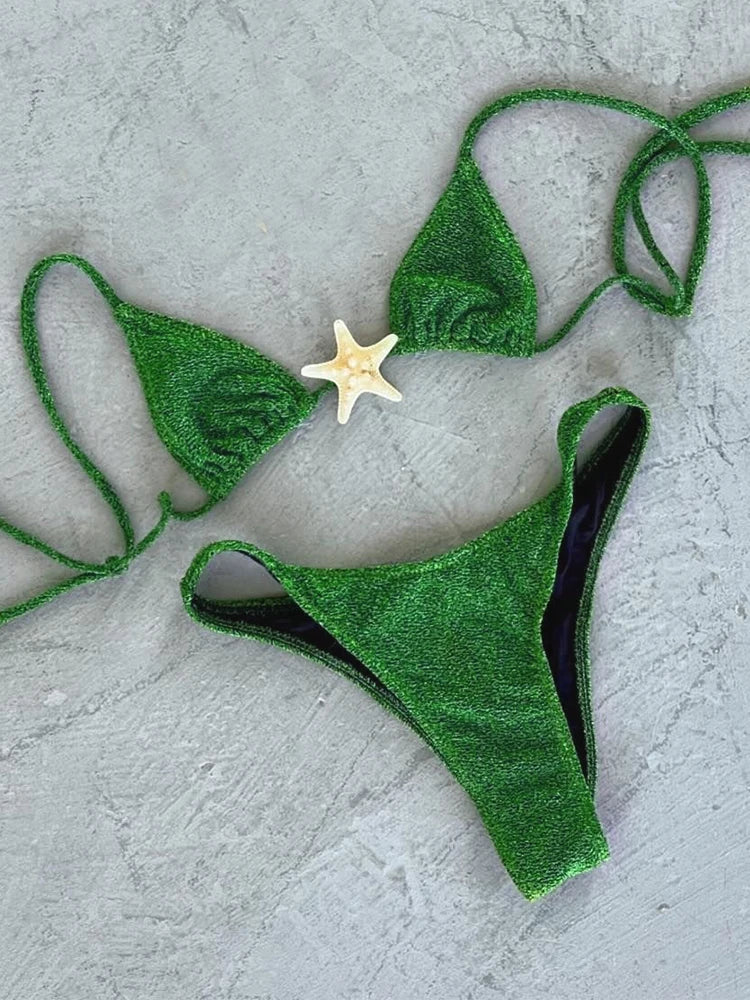 Green Life Starfish Design Solid Strappy Low Waisted Bikini Set