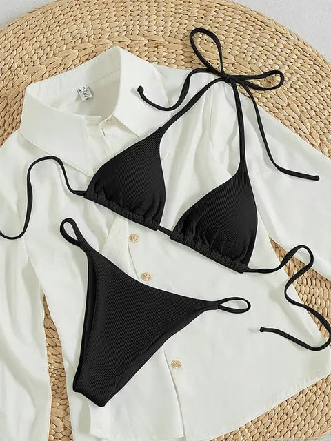 Sexy Simple Solid Women Halter Bikini Set