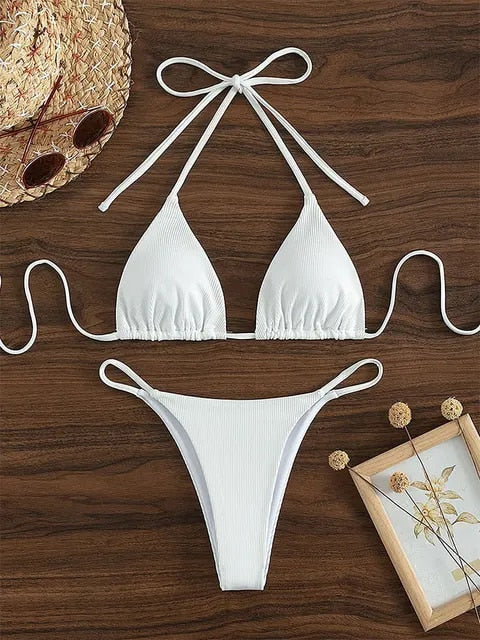 Sexy Simple Solid Women Halter Bikini Set