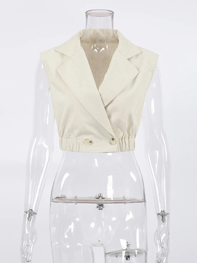 Elegant Sleeveless V-Neck Khaki Crop For Women
