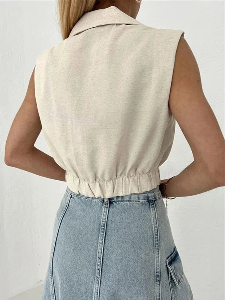 Elegant Sleeveless V-Neck Khaki Crop For Women