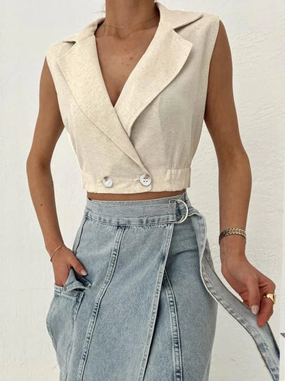 Elegant Sleeveless V-Neck Khaki Crop For Women