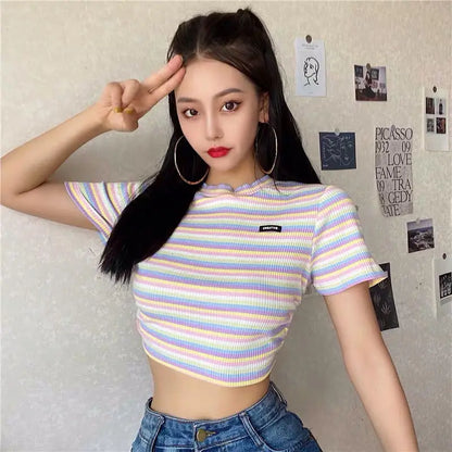 2025 Summer New Sensibility Spicy Girl Irregular Open-Back Striped Cropped T-Shirt – Short Sleeve Belly Top for Women