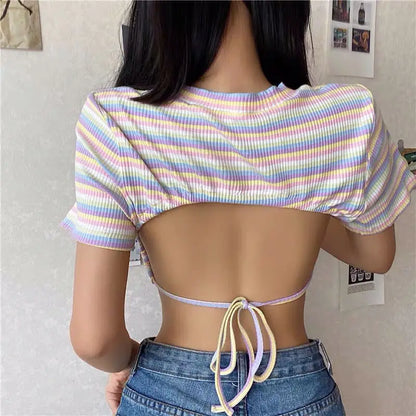 2025 Summer New Sensibility Spicy Girl Irregular Open-Back Striped Cropped T-Shirt – Short Sleeve Belly Top for Women