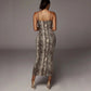 Sleeveless Off Shoulder Leopard Snake Skin Printed Midi Dress
