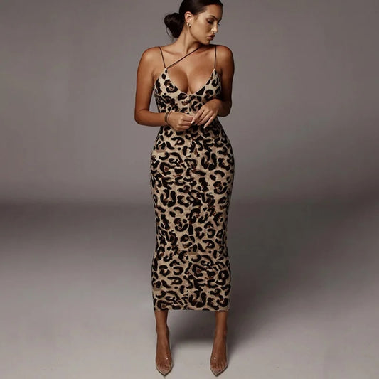 Sleeveless Off Shoulder Leopard Snake Skin Printed Midi Dress