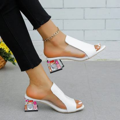 Multi Color Stone Design Square Heel Transparent Sides Slippers