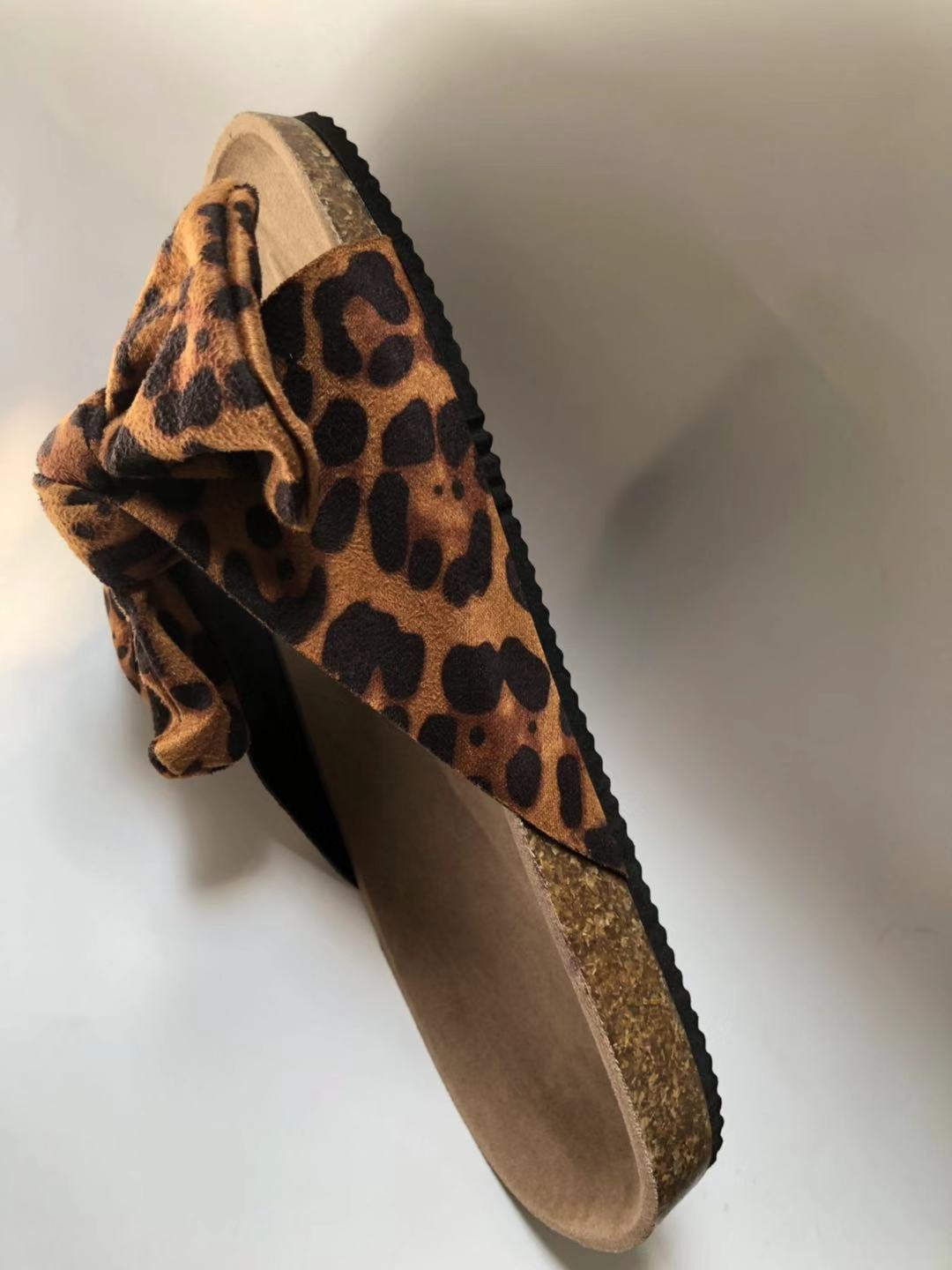 Big Ribbon Design Leopard Print Flat Slippers For Summer
