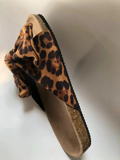 Big Ribbon Design Leopard Print Flat Slippers For Summer