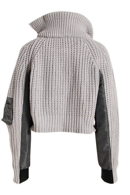 Gray knit hoodie with black accents on a white background