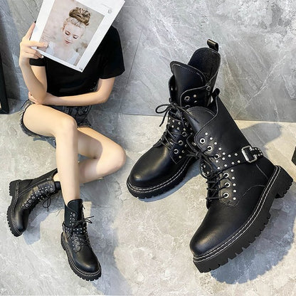 Vintage Patent Leather Martin Boots for Women | Chic Round Toe Autumn Boots Street Style