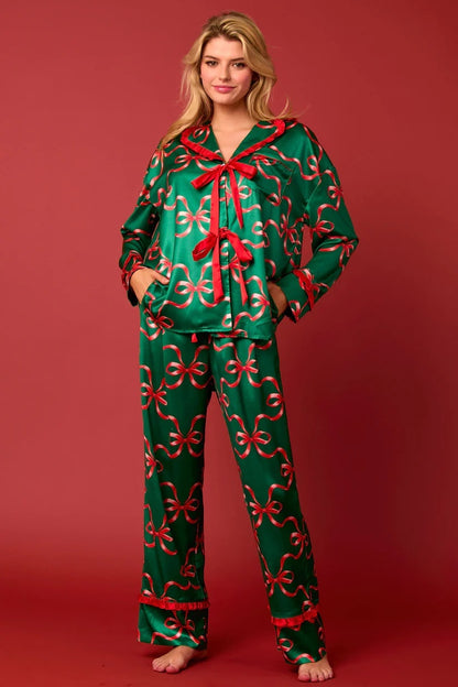 Hirigin Christmas Women S Striped Pajama Set Long Sleeve Satin Shirt Elastic Wide Loose Pants 2 Piece Lounge Sleepwear