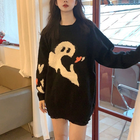 Loose Round Neck Pullover Sweet Wool Sweater – Elegant Black