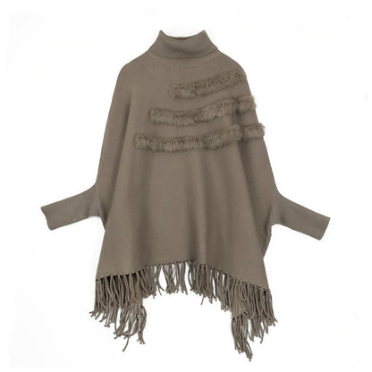 Bat Sleeve Turtleneck Knit Sweater Coat – Tassel Street Style Pullover for Women
