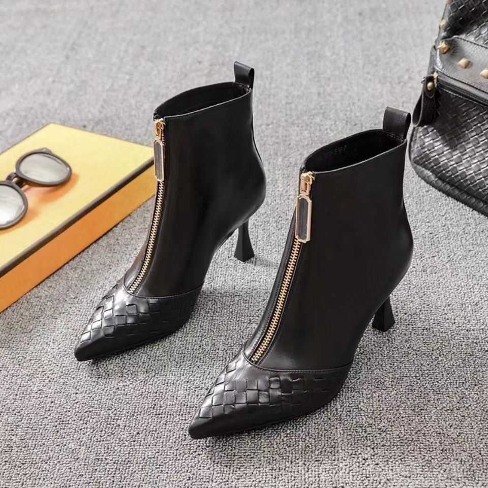 New Brand Quality Leather Chunky High Heels Ankle Boots Front Zipper Square Toe Dress Party Work Shoes
