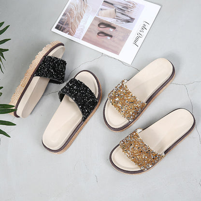 Korean Style Rhinestone & Sequin Slippers – Women’s Elegant Low Heel Flats