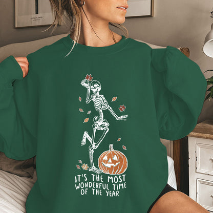 Halloween Skeleton Pumpkin Sweatshirt – Casual Loose Printed Pullover for Women