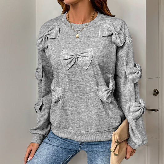 Casual Cool Bow Stitching Gray Round-Neck Cotton Sweaters for Women