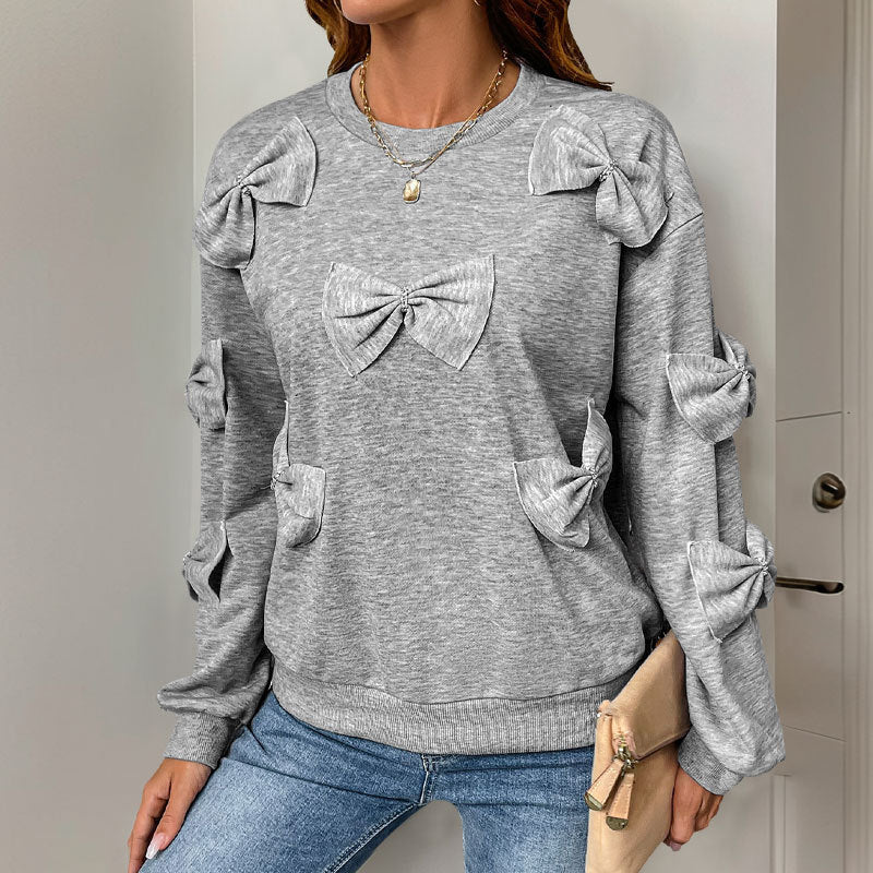 Casual Cool Bow Stitching Gray Round-Neck Cotton Sweaters for Women