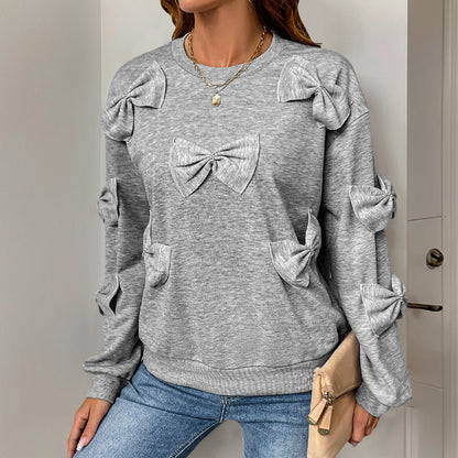 Casual Cool Bow Stitching Gray Round-Neck Cotton Sweaters for Women
