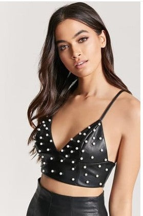 PU Leather Pearl-Strap Crop Top for Women – Edgy Summer Statement Outfit