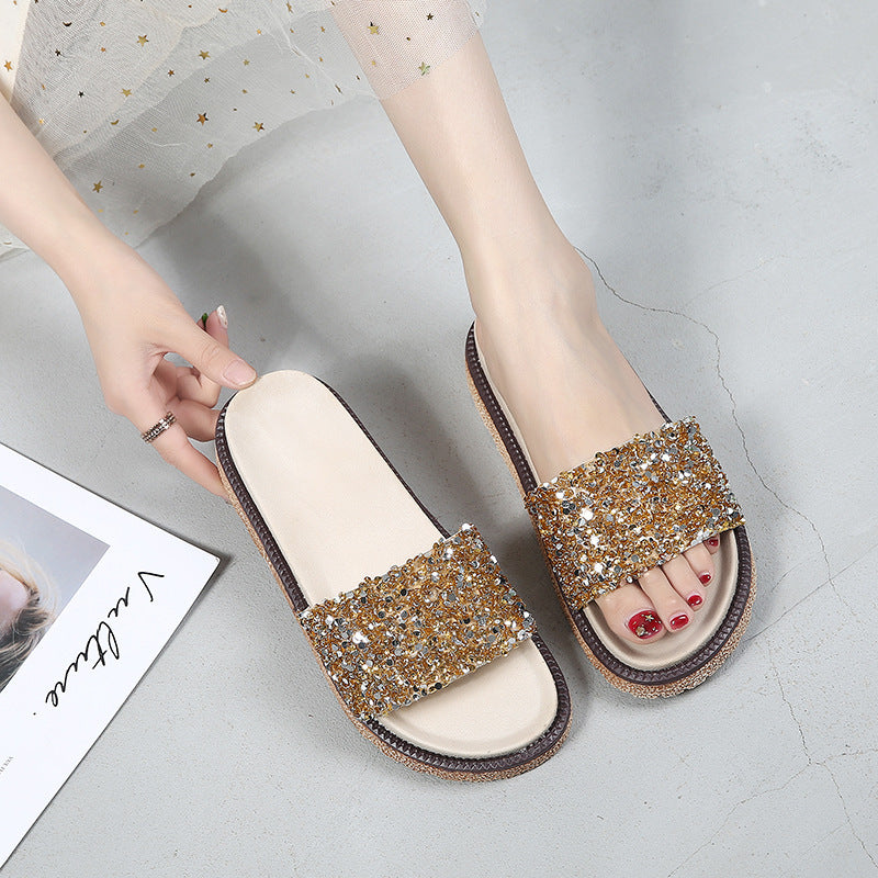 Korean Style Rhinestone & Sequin Slippers – Women’s Elegant Low Heel Flats