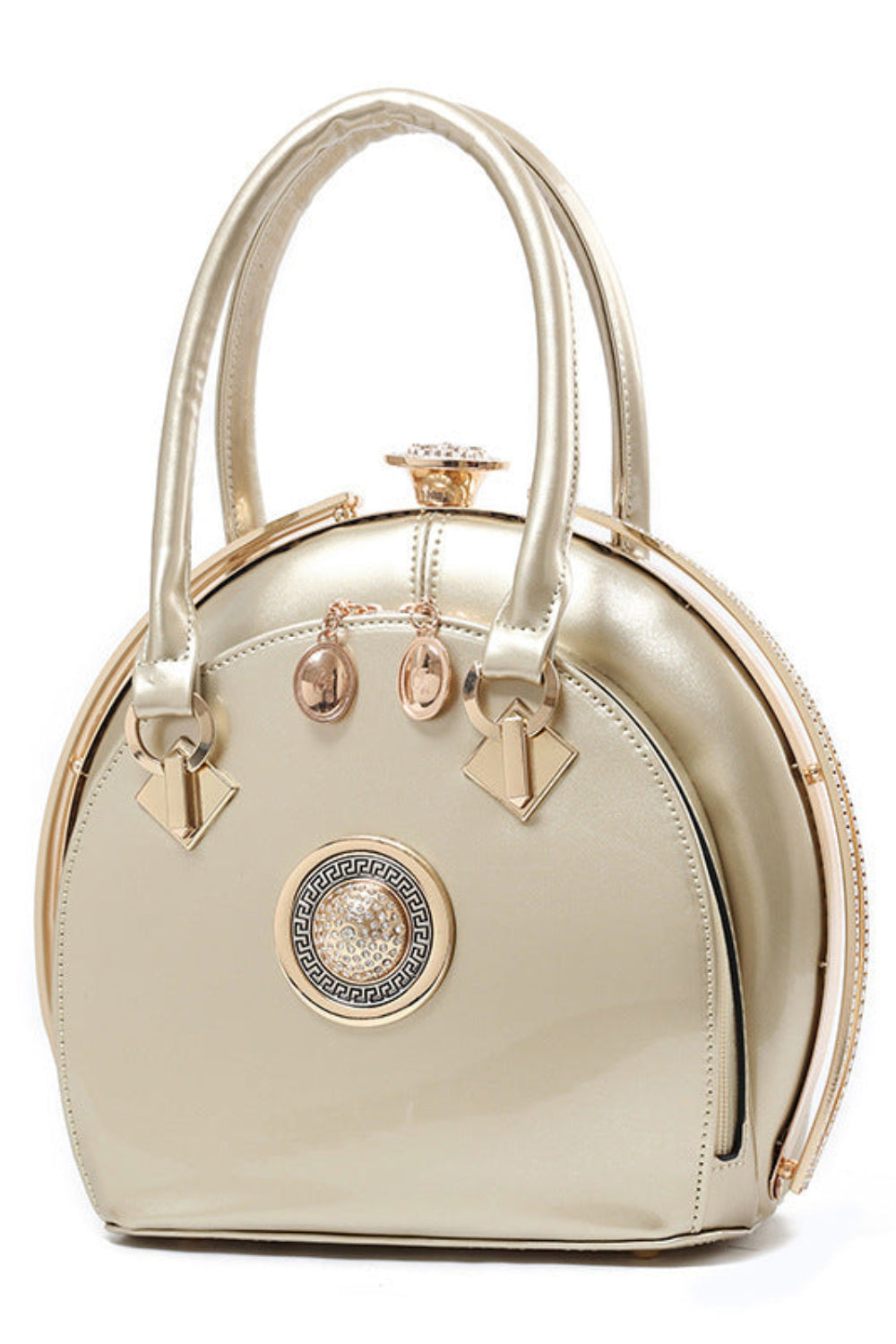 Gold handbag with decorative elements on a white background